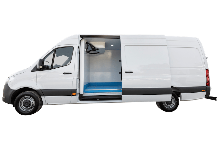 Long refrigerated van with side door open